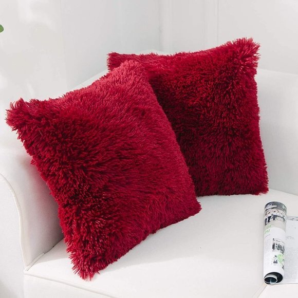 Red Luxury Furry Farmhouse Adorable Trendy Pompom Throw Pillow Decor Cover Set - Picture 2 of 7